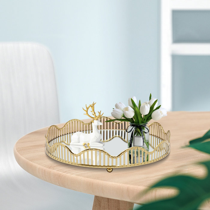 Everly Quinn Janaiyah Round Mirrored Tray Perfume Holder Makeup